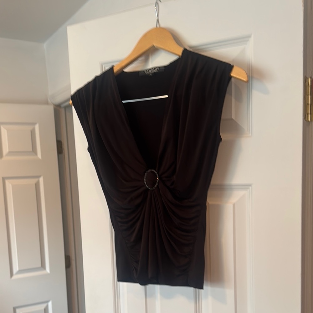 Cache Black Gathered Sleeveless Blouse